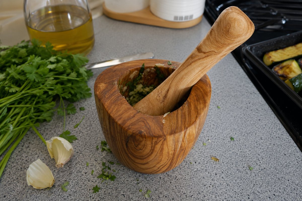 Mortar and pestle with garlic and herbs