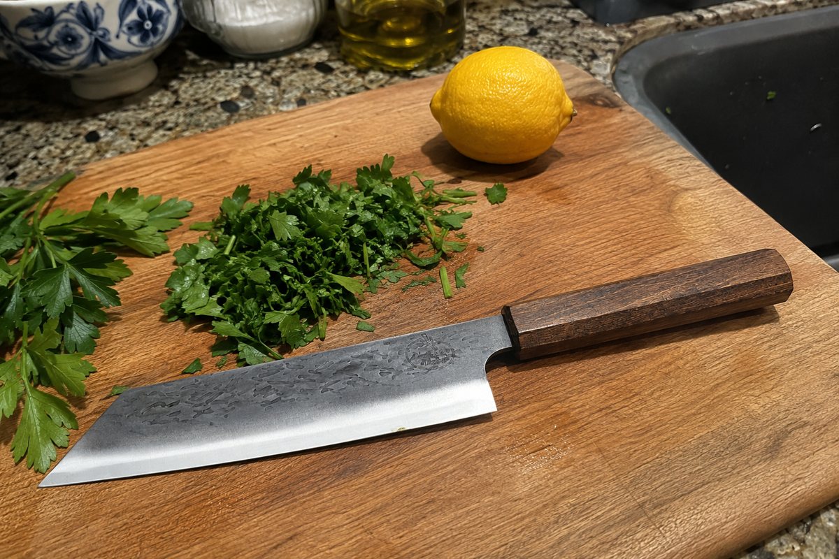 Kiritsuke knife with fresh herbs and lemon